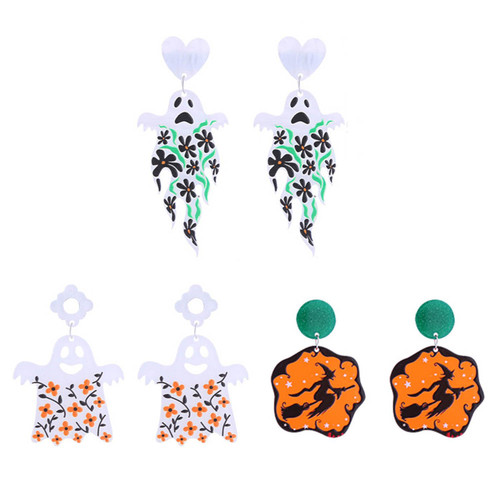 Aksod 3 Pairs Halloween Earrings Set Cute Ghost Witch Drop Dangle Earrings Stud Fun Acrylic Halloween Costume Cosplay Party Festive Holiday Earrings Jewelry for Women and Girls (Style C)