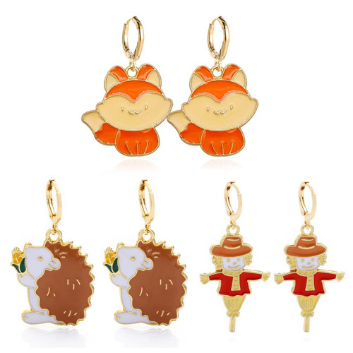 Aksod Cute Thanksgiving Fall Earrings for Women Dangling 3 Pairs Enamel Dangle Drop Earrings Hoops Fox Wheat Hedgehogs Dripping Oil Huggie Hoop Fun Autumn Holiday Party Earrings Jewelry for Women and Girls (Style B)