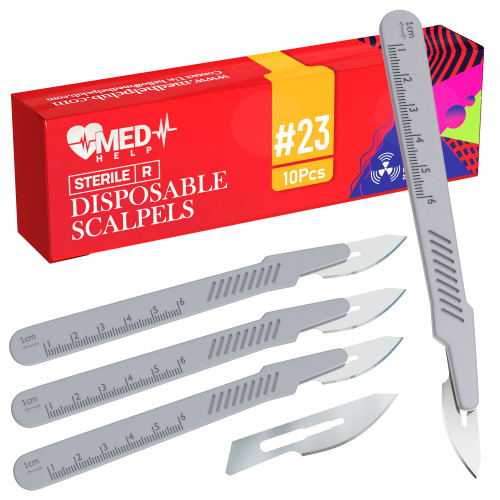MedHelp Disposable Scalpel 23 Dermaplaning Tool Scalpel Blades with Plastic Handle, High Carbon Steel Dermablade Blades. #23 Surgical Blades, Sterile ? Box of 10