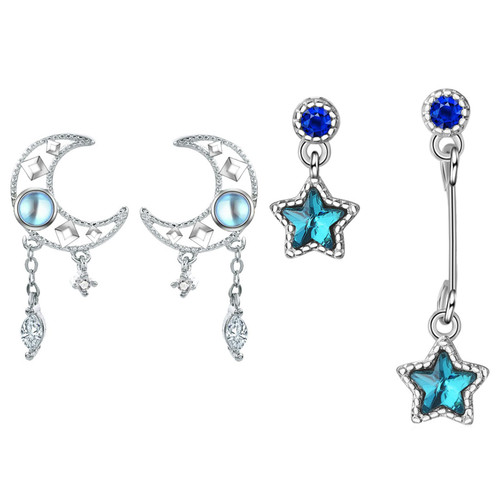 2 Pairs Silver Star Moon Earrings Dangle for Women Cubic Zirconia Hoop Earrings Moon Dangle Drop Earrings Silver Hoop Studs Earring for Women Jewelry Gifts