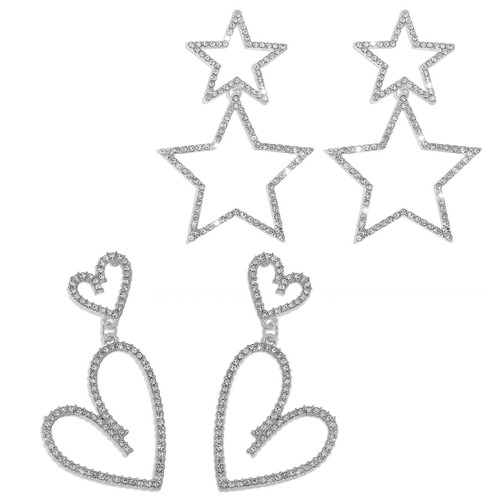 2 Pairs Big Star Dangle Earrings for Women Girls Lightweight Rhinestone Long Tassel Heart Earrings Crystal Dangling Stud Dainty Fashion Earring Party Jewelry Gifts (Silver)
