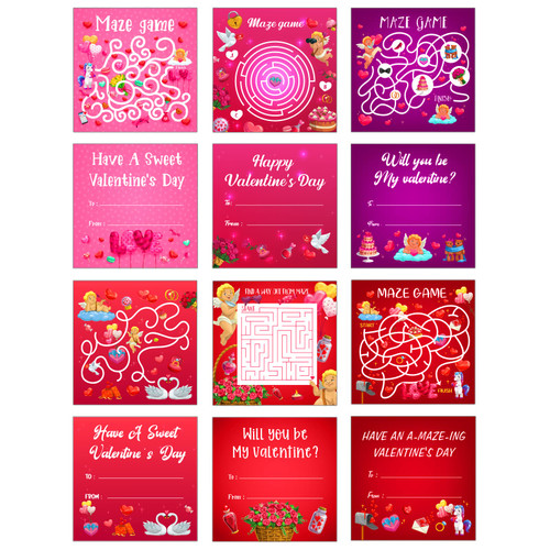 SICOHOME Valentines Day Cards for Kids 30PCS Valentines Day Mazes Card for Kids Maze Games Valentines Day Cards for Kids School Classroom Exchange Gifts Card with Envelopes Valentines Day Party Favors