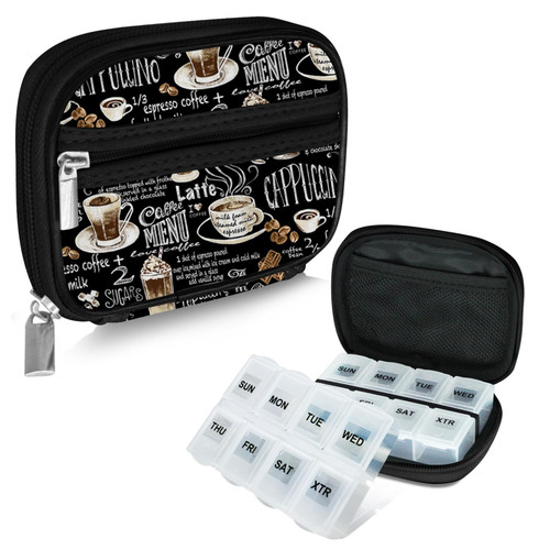 Serfeymi Weekly Travel Pill Organizer Pill Case for Purse with Removable 7 Day Pill Box, Fashionable Travel Medicine Organizer Pill Container for Medicine, Vitamin, Supplement - Black 02 + Pill Box