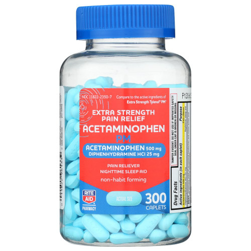 Rite Aid Extra Strength Pain Relief Acetaminophen PM Caplets, 500mg Acetaminophen / 25mg Diphenhydramine - 300 Count - Nighttime Pain Reliever + Sleep Aid