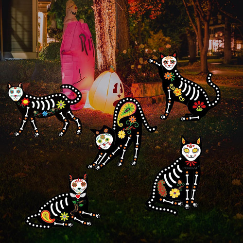 PISKEKAT Halloween Decorations Outdoor Yard Signs, 5 Pcs Glow in The Dark Skeleton Cat, Halloween Yard Signs with Stakes for Lawn Garden Front Yard Decorations - Halloween Decor Outdoor