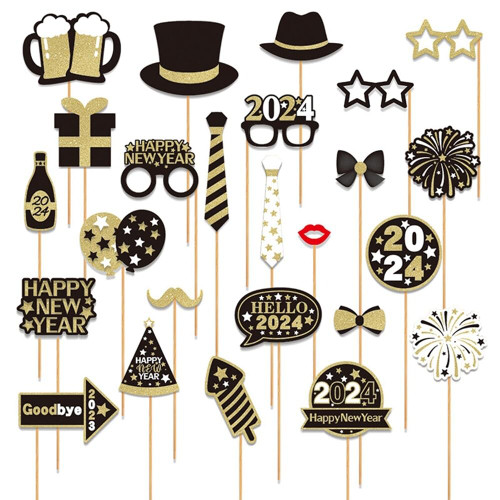 25 PCS New Years Photo Booth Props 2024, New Years Eve Photo Booth Props 2024 for Happy New Years Decorations 2024 New Years Eve Party Supplies Type 2
