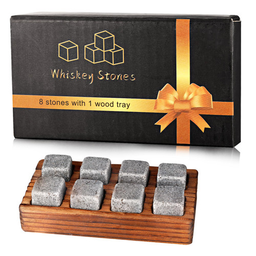 Whiskey Stones Gift Set Pack of 8 Whiskey Chilling Stones with Wooden Gift Box for Whiskey Lovers, Great Whiskey Gift for Men Dad Husband Friend Birthday