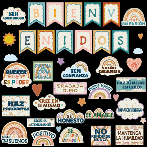 Spanish Boho Rainbow Classroom Bulletin Board Set Spanish Motivational Classroom Decor for Teachers Growth Mindset Posters Positive Inspirational Cutouts for Class School Bulletin Board Decoration