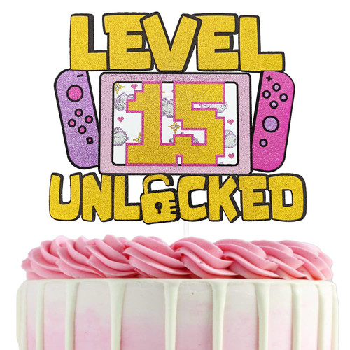 Girls Level 15 Unlocked Cake Topper, Glitter Girls Gaming 15th Birthday Cake Topper, Video Game Theme Party Decoration, Girl Gamer Birthday Favor