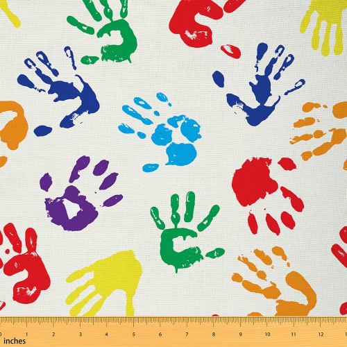 Colorful Hands Fabric by The Yard, Paint Fingerprints Upholstery Fabric, Rainbow Palette Abstract Activity Waterproof Fabric, Colorful Decorative Fabric for Upholstery and Home Accents, 1 Yard