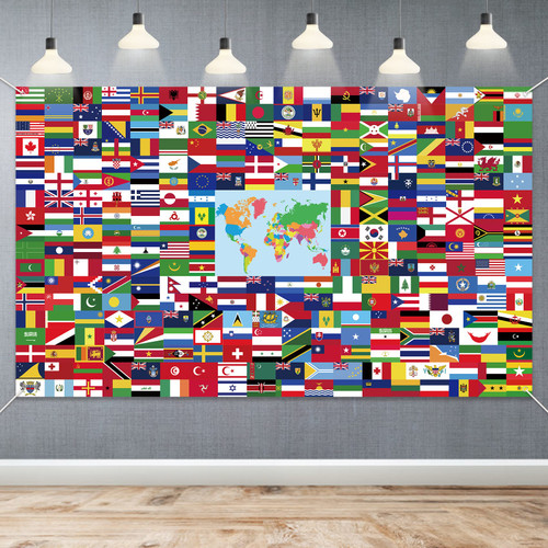 World Flag Banner, 5x3ft Fabric Country Flags Backdrop International Flags Banner Backdrop with Grommets for Birthday Party Decorations Office School Classroom Wallpaper Event Decorations