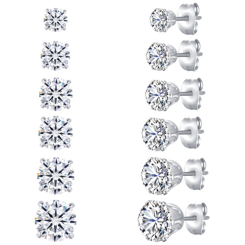CEJUG 6 Pairs Cubic Zirconia Stud Earrings Set for Women Hypoallergenic 316L Stainless Steel CZ Earring Mens Studs 3-8mm