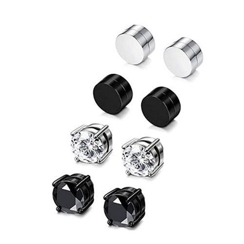 Stainless Steel Magnetic Non-piercing Biker Stud Earrings Set Cubic Zirconia Hypoallergenic Earring for Mens Womens Teens