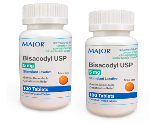 Major Bisacodyl Enteric Coated Tablets, 5mg, 100 Count Per Bottle (2 Pack)