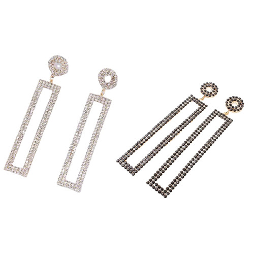 2 Pairs Rhinestone Rectangle Dangle Earrings Sparkly Crystal Geometric Drop Statement Earrings Rhinestone Long Drop Earrings Hypoallergenic Hollow Earrings Jewelry for Women Girls-Gold