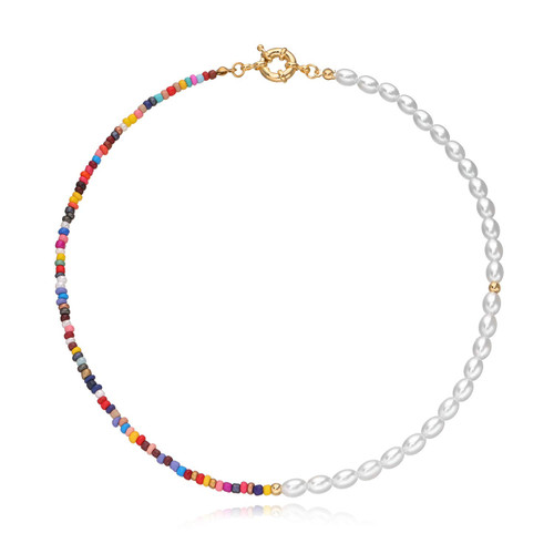 Bohemian Bead Pearl Choker Necklace for Women Girl Teen Men Handmade Colorful Seed Beaded Boho Choker Y2K Jewelry (Beads and Pearls (16"))