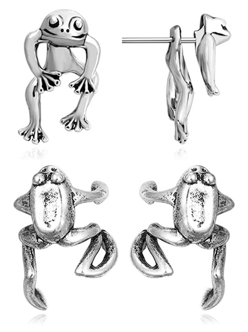 2 Pair Two Way Frog Earrings for Women Silver Frog Ear Stud Frog Ear Cuff Animal Earrings for Girls