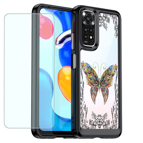 KOARWVC Case for Redmi Note 11 2022 4G/Redmi Note 11S 2201117TY with Tempered Glass Screen Protector, Clear Case Floral Shockproof Hard PC Back Cover Case for Xiaomi Note 12S 2023 (Mandala Butterfly)