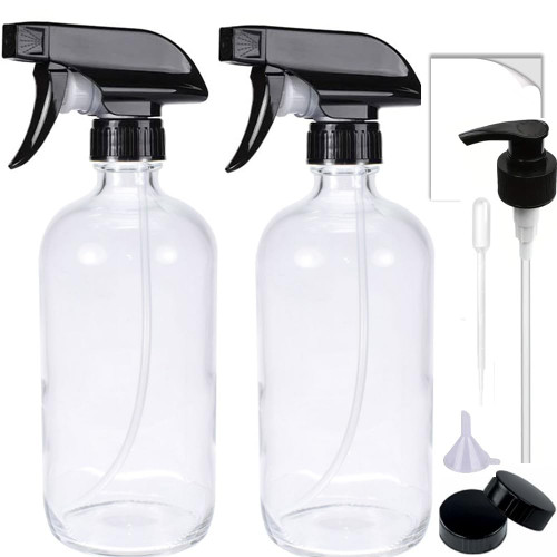 HAOERMEI 16 oz Clear Glass Spray Bottles - 2 Pack Refillable Empty Bottle for Cleaning Solutions, Essential Oils, Plants, Hair Mister - with Pump,Labels &Funnel, Dropper (Clear-2PACK)