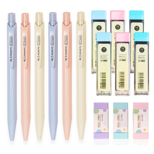 ITAWIXS 6Pcs Aesthetic Mechanical Pencil Set, Pastel Mechanical Pencils 0.5 & 0.7 mm with 6 Tubes HB Lead Refills, 3Pcs Erasers, Aesthetic School Supplies for Writing, Drawing, Sketching