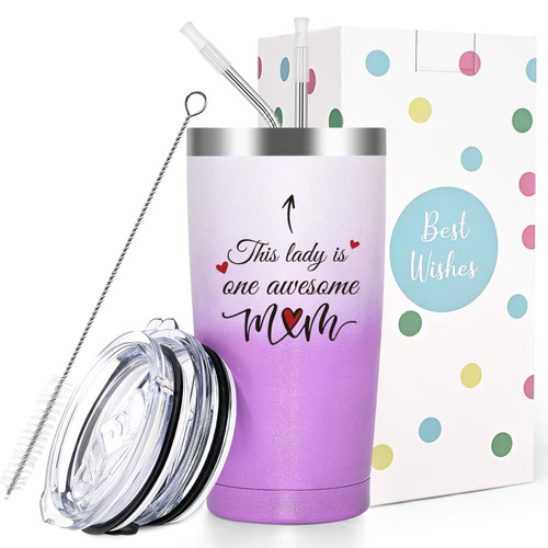 Qtencas This Lady Is One Awesome Mom Tumbler, Christmas Gifts Mothers Day Gifts for Mom from Daughter Son, Mom Birthday Gifts for Mom New Mom, Stainless Steel Insulated Travel Tumbler, 20oz, Lavender
