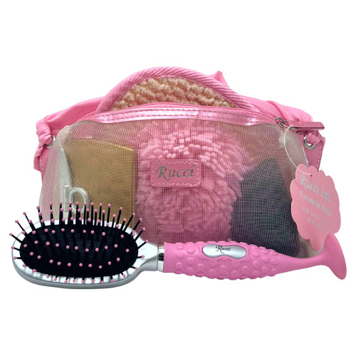 Rucci Bath Set with Eva Sponge Ball/White Compact Mirror/Pink Massage Pad/Pumice Stone/Oval Suction Hairbrush, 1 Pound
