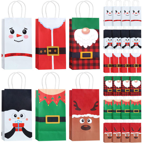Zhanmai 24 Pcs Christmas Goodie Treat Bags Bulk Christmas Paper Gift Bags with Handle Christmas Goody Bags Christmas Bags Xmas Holiday Candy Wrapping Bags for Cookies Party Favors Supplies