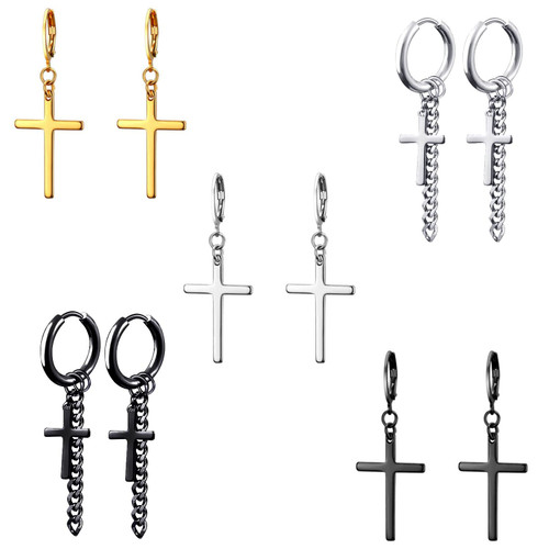 5 Pairs Mix Cross Earrings for Men Women Dangle Hoop Dangling Hanging Dangly Drop Crosses Earingings Steel Stainless (5 Pairs Mix)