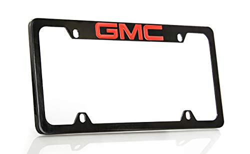 GMC Logo License Plate Frame Holder (4 Hole & Top Engraved, Black Frame & Red Imprint)