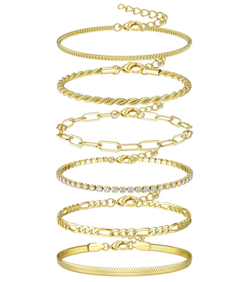 YADOCA 6Pcs Gold Chain Bracelets For Women 14K Gold Plated Stackable Link Chain Bracelet Stack Stainless Steel Paperclip Cuban Figaro Chain Tennis Gold Layered Bracelet Jewelry Set Adjustable 6.7"+2"