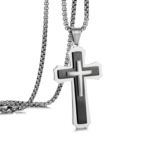 XINSH Cross Necklace for Men Stainless Steel Silver/Gold/Black Pendant Necklace Christ Cross Crucifix Pendant 23.6 Inches Box Chain