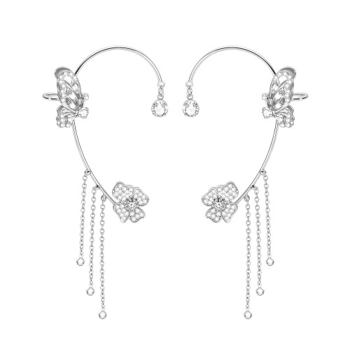 Vikeney 2PCS Butterfly Tassel Style Zircon Brass Earrings Butterfly Ear Cuff for Women Girl Silver Tassel Earrings Non Pierced Flower Wrap Around Ear Clips Fairy Earrings Jewelry Gift