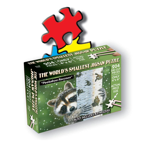 TDC Games World's Smallest Jigsaw Puzzle - Peekaboo Raccoon - Measures 4 x 6 inches When Assembled - Includes Tweezers