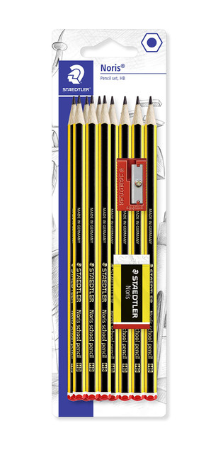 Staedtler 121 Noris School Pencils with Mini Eraser and Single Hole Sharpener - Blister Pack of 12