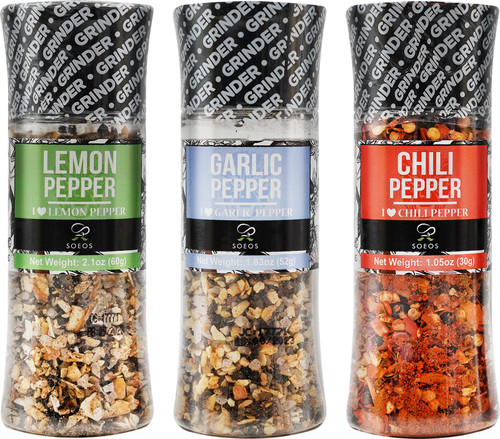 Soeos Spice Seasoning Set of 3 with Integrated Grinders, Grilling Spice, Pepper Grinder, Chili Pepper, Garlic Pepper, Lemon Pepper.