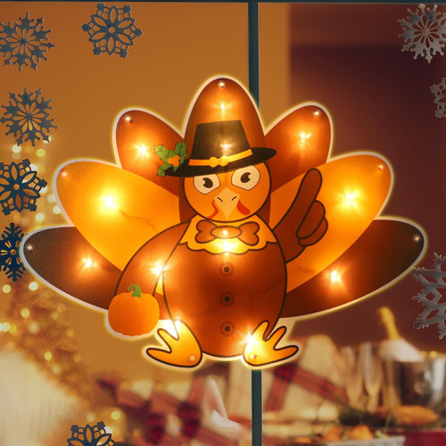 Roseeyo Lighted Thanksgiving Window Decorations, 15.7" Light up Autumn Turkey Window Lights Window Silhouette Sign for Fall Harvest Thanksgiving Decor with 12 LEDs