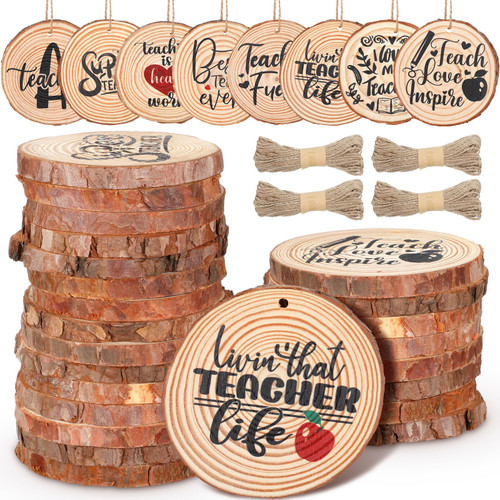 8 Pcs Wooden Christmas Teachers Ornaments Round Rustic Christmas Ornaments Love Inspire Teacher Ornament Teachers Appreciation Gifts with 3.8 Yard Ropes for Teachers Graduation Thank You Gifts