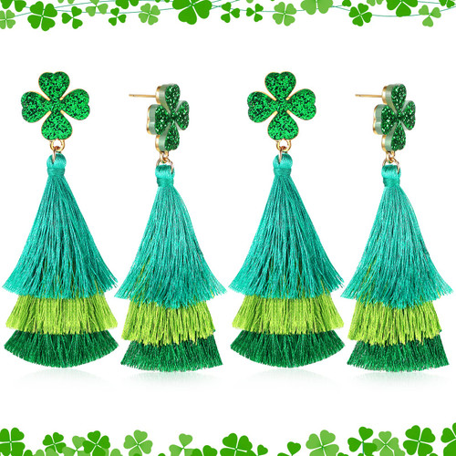 2 Pairs St. Patrick's Day Shamrock Earrings Green Tassel Earrings Layered Shamrock Earrings Dangle Clover St Patricks Day Accessories Green Jewelry Acrylic Earrings for Women Girl Gifts