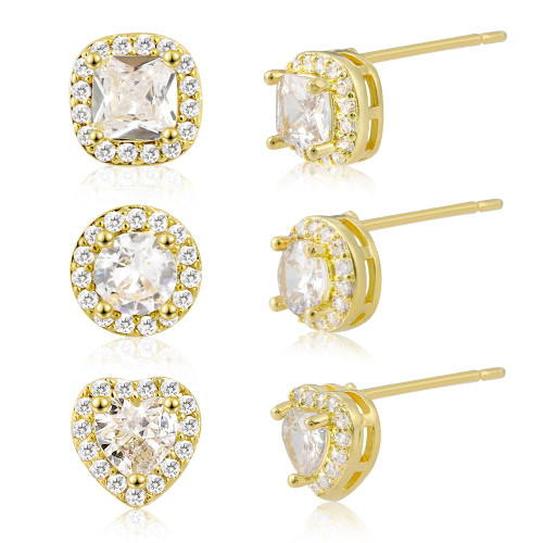14K Gold Studs Earrings for Women - 3 Pairs Cubic Zirconia Earrings Studs Set, Hypoallergenic Stud Earrings, Cartilage Earring, Round Heart Square Diamond Earrings