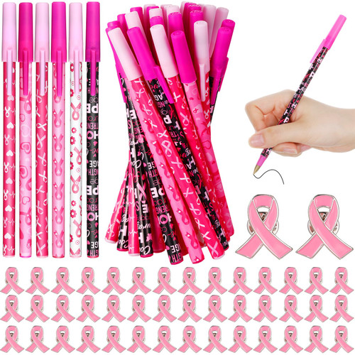 Kosiz 84 Pcs Breast Cancer Awareness Accessories Include 42 Pink Ribbon Breast Cancer Awareness Pen 42 Breast Cancer Awareness Lapel Pin Breast Cancer Gift Survivor Event Fundraiser Giveaways Supplies