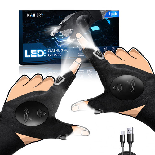 Kaihery Rechargeable LED Flashlight Gloves, Cool Tools Gadgets for Men, Dad Boyfriend Gifts for Christmas Fathers Day Birthday, Hands-Free Lights for Camping Fishing Repairing Running Mechanic Car Guy