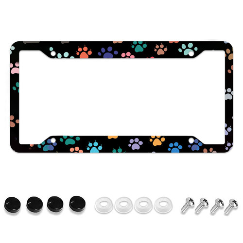HUIXIA Rainbow Paw Print License Plate Frame Funny Cat Dog Paw Print License Plate Frames Black License Plate Holder Aluminum Front Car Tag Frame Cover for Women Men 4 Holes(DSC-17)