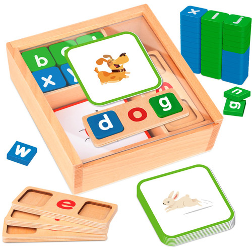 Hapyland Sight Words Flash Cards Kindergarten with Wooden Box, Preschool Kindergarten Learning Activities, Educational Toys for Kids 3-7, Montessori Toys for 4 Year Old, Spelling Games CVC Word Games