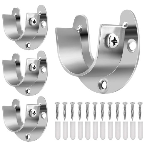 Closet Rod Bracket, Heavy Duty Closet Pole Socket Stainless Steel Closet Shower Rod Holders 1 1/4 Inch Closet Rod Support Wardrobe Brackets Set of 4 Flange Rod Holder End Caps, U Shaped