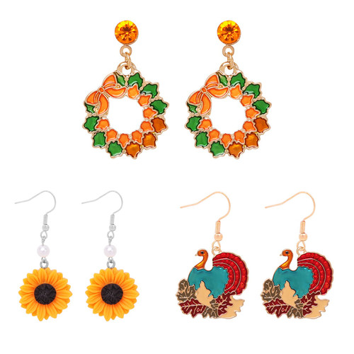 3 Pairs Thanksgiving Earrings, Thanksgiving Fall Maple Leaf Dangle Earrings Pumpkin Drop Earrings Turkey Chicken Drop Dangle Earrings Thanksgiving Dangle Earrings for Women Girls Autumn Jewelry Accessory (b)