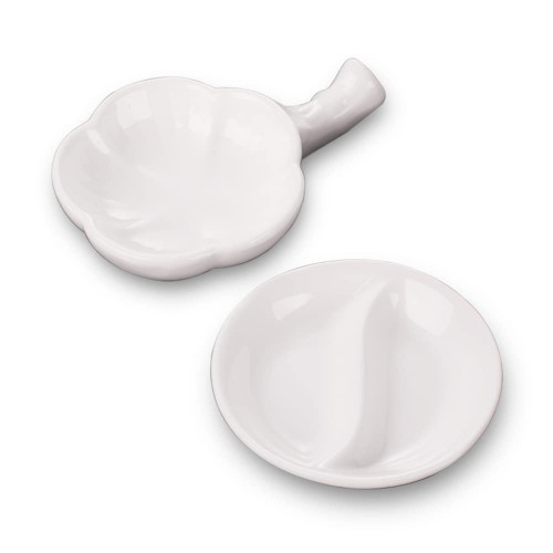 2PCS White Ceramic Serving Platter Rectangular Appetizer Serving Tray Divided Spices Vinegar Nuts Sauce Dishes for Home Kitchen Restaurant