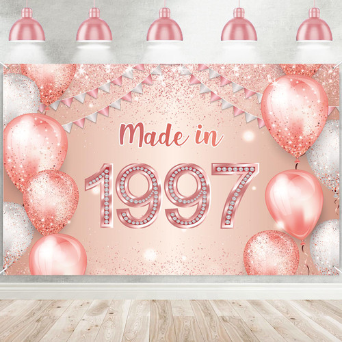 Made in 1997 Rose Gold Happy 26th Birthday Banner Cheers to 26 Years Old Backdrop Balloon Confetti Theme Decor Decorations for Women Pink Birthday Party Supplies Bday Background Gift Glitter