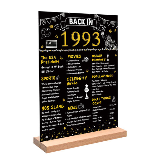 DARUNAXY Black Gold 30th Birthday Gift for Men, Back in 1993 Poster Acrylic Sign with Stand for Women One-sided 30 Years Old Party Decoration Vintage 1993 Party Supply 30th Class Reunion Decor DARUNAXY Black Gold 30th Birthday Gift for Men, Back in 1993 Poster Acrylic Sign with Stand for Women One-sided 30 Years Old Party Decoration Vintage 1993 Party Supply 30th Class Reunion Decor