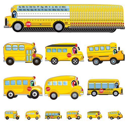 240 Pcs School Bus Cut-Outs Nameplates Stickers Yellow Bus Accents Cutouts Bus Name Tags Labels Desk Number Line ABC Alphabet Bulletin Board Classroom Decor Supplies for Welcome Back to School Party