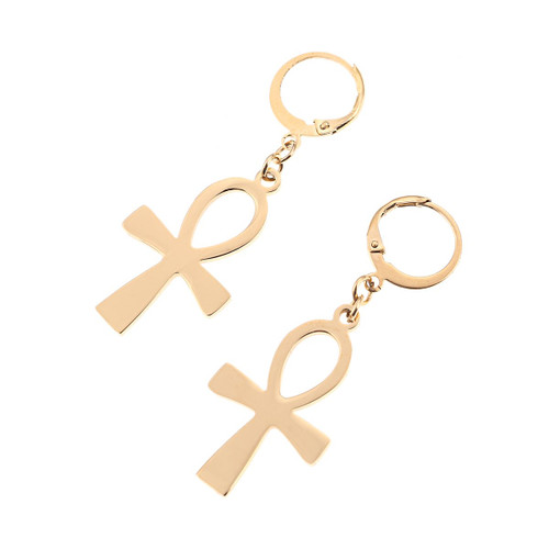 Stainless Steel Egyptian Jewelry The Key of The Nile Ankh Cross Earring (Gold)